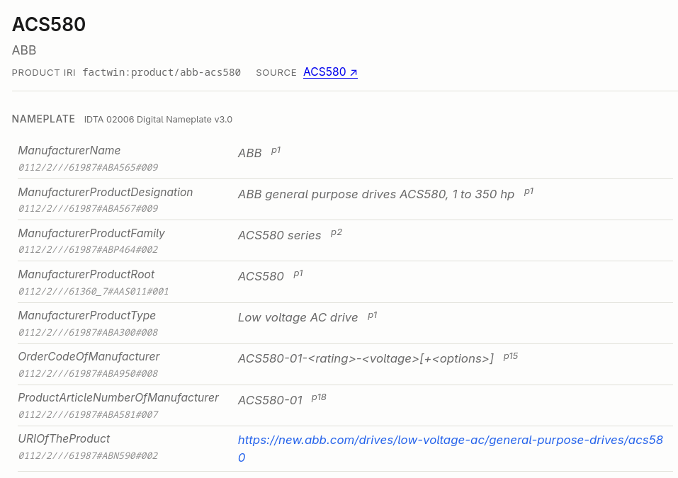 Factwin product record for the ABB ACS580, showing source-linked nameplate properties